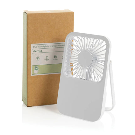 Aervina RCS recycled plastic re-chargeable desk fan - hospitality