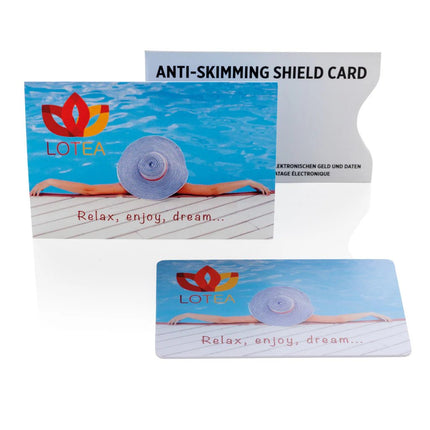 Anti-skimming RFID shield card with active jamming chip - hospitality