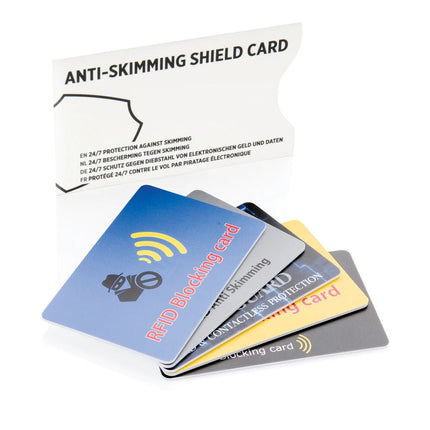 Anti-skimming RFID shield card with active jamming chip - hospitality