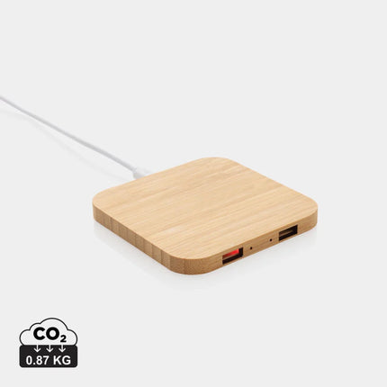 Bamboo 10W wireless charger with USB - hospitality