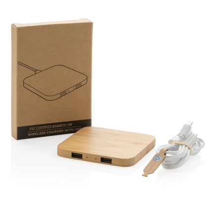 Bamboo 5W wireless charger with USB - hospitality
