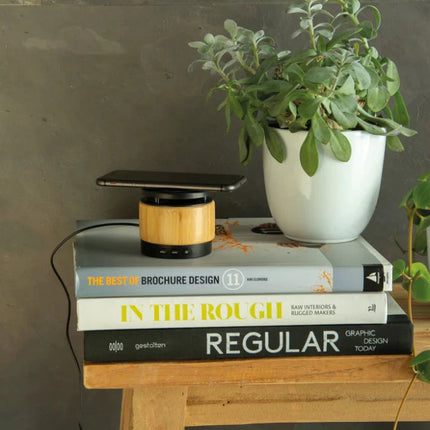 Bamboo wireless charger speaker - hospitality