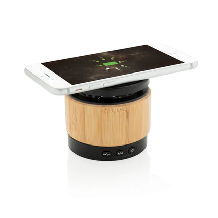 Bamboo wireless charger speaker - hospitality
