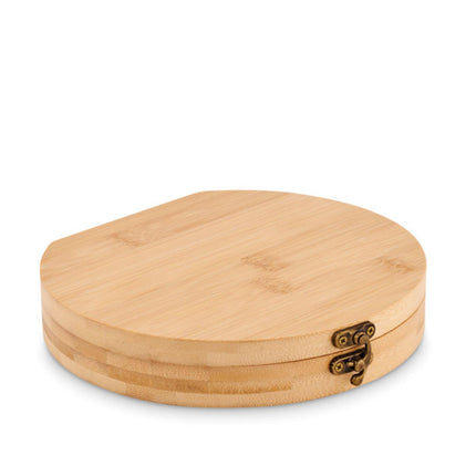 15-piece wooden tool set by Custom Wood Designs in a bamboo case, perfect for kids’ play or educational activities.