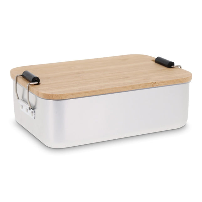 Set of 25 aluminum lunch box sets with bamboo lids by Custom Wood Designs, ideal for food storage and eco-friendly lunches.