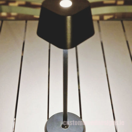 Cordless rechargeable LED table lamp in black for restaurant and hotel tables – available from Custom Wood Designs Ireland