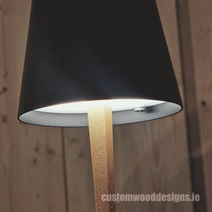 Cordless rechargeable LED table lamp in black for restaurant and hotel tables – available from Custom Wood Designs Ireland