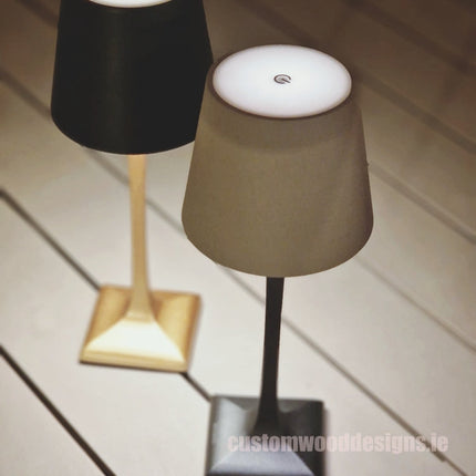 Cordless rechargeable LED table lamp in black for restaurant and hotel tables – available from Custom Wood Designs Ireland