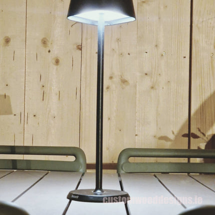 Cordless rechargeable LED table lamp in black for restaurant and hotel tables – available from Custom Wood Designs Ireland