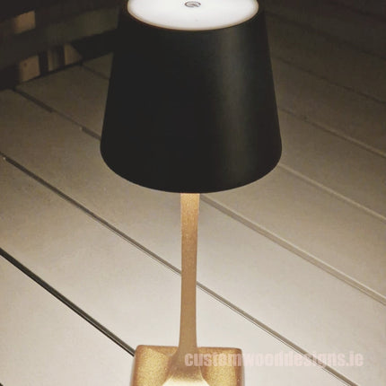 Cordless rechargeable LED table lamp in black for restaurant and hotel tables – available from Custom Wood Designs Ireland