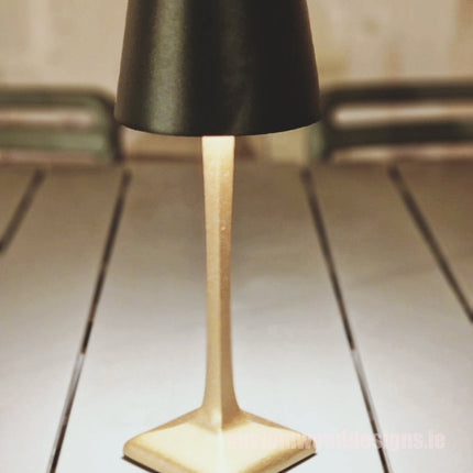 Cordless rechargeable LED table lamp in black for restaurant and hotel tables – available from Custom Wood Designs Ireland