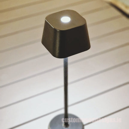 Cordless rechargeable LED table lamp in black for restaurant and hotel tables – available from Custom Wood Designs Ireland