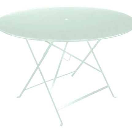 Bistro Table Ø117cm six seater - Custom Wood DesignsBright blue Fermob round Bistro Table with a metal surface and central parasol hole