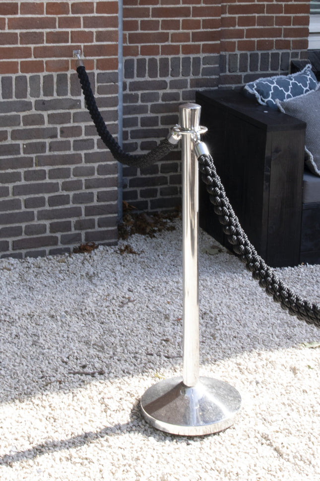Black barrier posts with bases and five ropes, 875x9.5x9.5cm, part of Custom Wood Designs' barrier system setup.