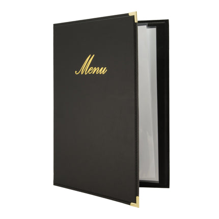 Set of 10 black A4 leather menu covers by Custom Wood Designs, with durable leather exterior and professional finish.