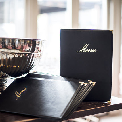 Set of 10 black A4 leather menu covers by Custom Wood Designs, featuring durable construction and professional appearance.