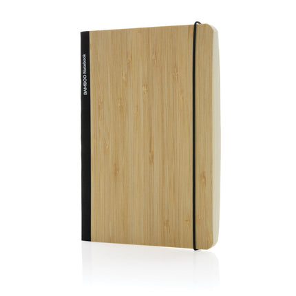 Set of 25 black A5 bamboo notebooks by Custom Wood Designs, featuring eco-friendly covers and compact size for note-taking.