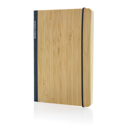 Pack of 25 black A5 bamboo notebooks by Custom Wood Designs, featuring eco-friendly covers and lined pages for writing.