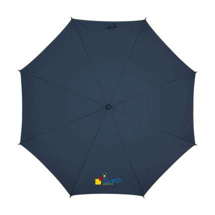 Blue rain umbrellas from Custom Wood Designs, pack of 25, with sturdy handles and vibrant color, ideal for rainy weather.