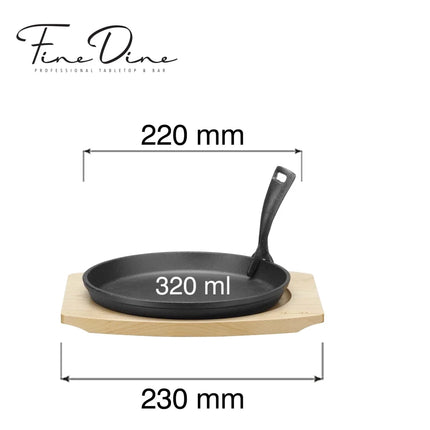 Cast iron serving pan Ø220mm with wooden base and handle, 270×230×(h)40 mm - hospitality