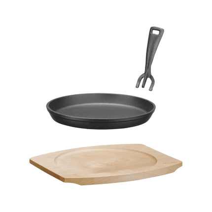 Cast iron serving pan Ø220mm with wooden base and handle, 270×230×(h)40 mm - hospitality