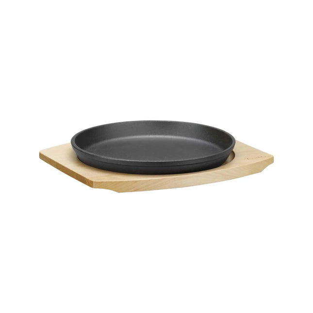Cast iron serving pan Ø220mm with wooden base and handle, 270×230×(h)40 mm - hospitality