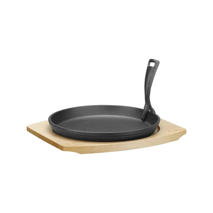 Cast iron serving pan Ø220mm with wooden base and handle, 270×230×(h)40 mm - hospitality
