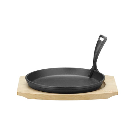 Cast iron serving pan Ø220mm with wooden base and handle, 270×230×(h)40 mm - hospitality