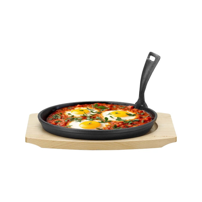 Cast iron serving pan Ø220mm with wooden base and handle, 270×230×(h)40 mm - hospitality