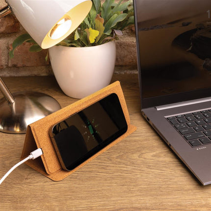 Bamboo wireless charging mousepad and stand with cork surface, 10W charging, by Custom Wood Designs.