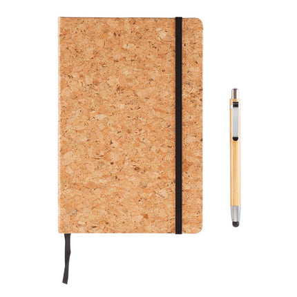 A5 cork notebook with matching pen stylus pack from Custom Wood Designs, showing the cork cover and included pen.