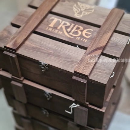 Rustic brown 3-bottle gift box with wood wool from Custom Wood Designs