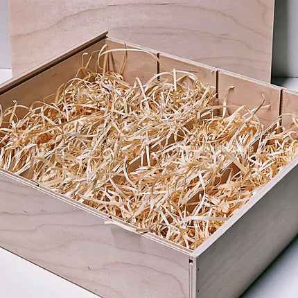Natural wood sliding lid 4-bottle gift box with wood wool packaging by Custom Wood Designs