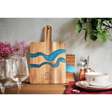 Set of 25 acacia wood service boards with resin detail and handles, durable epoxy resin finish by Custom Wood Designs.