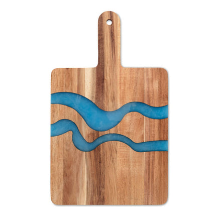 Set of 25 Acacia wood service boards with resin details and handles, durable epoxy finish, by Custom Wood Designs.