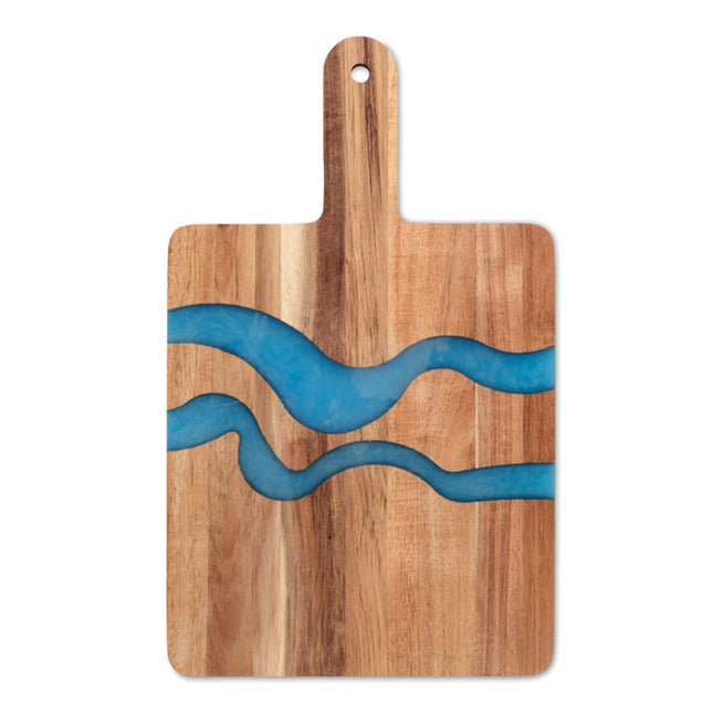 Set of 25 Acacia wood service boards with resin details and handles, durable epoxy finish, by Custom Wood Designs.