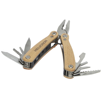 Custom Wood Designs 12-function medium wooden multi-tool pack, showcasing a set of versatile wooden tools with branded logo.