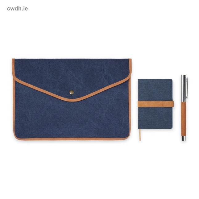 'Daily Commute' Kit – 16-inch Recycled Canvas Laptop Sleeve, A5 Canvas Notebook and Recycled Steel Pen in Navy | Hospitality Trade Pack - CWDH