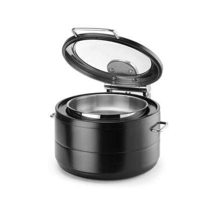 De Luxe Black Round Induction Chafing Dish With Glass Lid 9L - Induction Ready, Sleek Catering Performance - hospitality