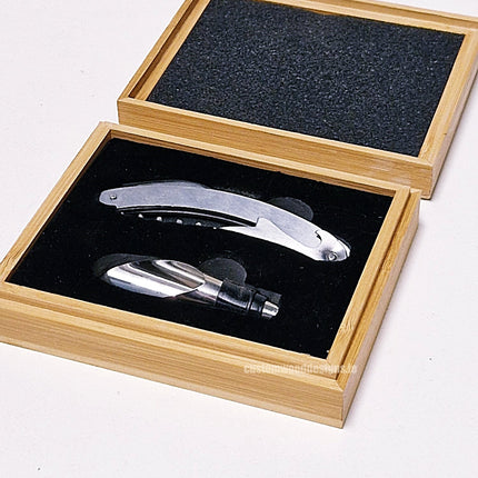 Two-piece wine set in a bamboo box by Custom Wood Designs, includes wine accessories packaged in a stylish bamboo container