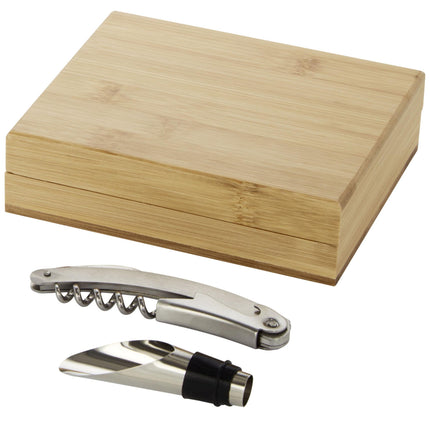 Two-piece wine set in bamboo box by Custom Wood Designs, featuring wine accessories arranged inside a stylish bamboo gift box.