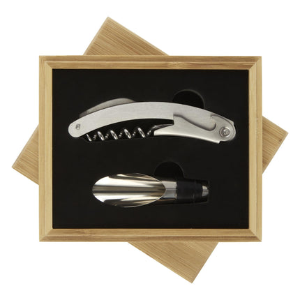 Two-piece wine set with glasses in a bamboo box by Custom Wood Designs, displayed in a pack of 25.