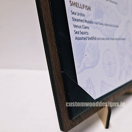 A set of 20 A4 walnut album menu displays by Securit, featuring wooden covers and clear sleeves for restaurant or event menus.