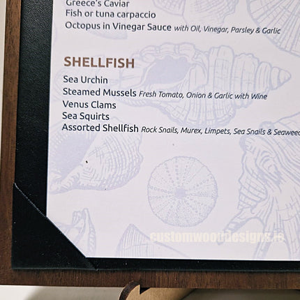 A set of 20 A4 walnut album menu displays from Securit, showing wooden covers and clear pages for restaurant menus.