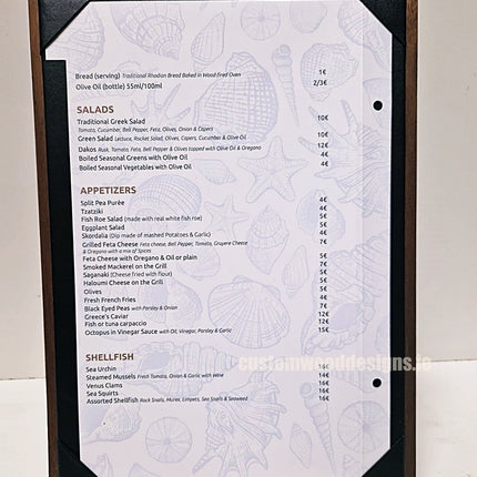 A set of 20 walnut A4 menu album displays with clear cover pages, designed for restaurant or event use by Securit.