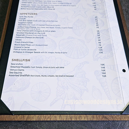 20 x A4 walnut album menu displays by Securit, featuring wooden covers and multiple pages for restaurant or event menus.