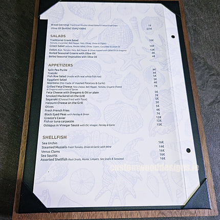 A set of 20 A4 walnut menu album displays by Securit, showing wooden covers and clear sleeves for restaurant menus.