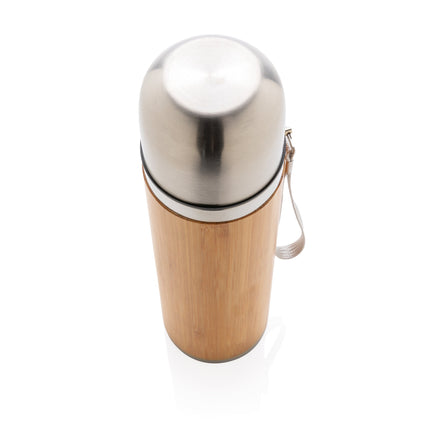Set of 25 bamboo vacuum travel flasks, 400ml capacity, made by Custom Wood Designs, featuring eco-friendly insulated bottles.