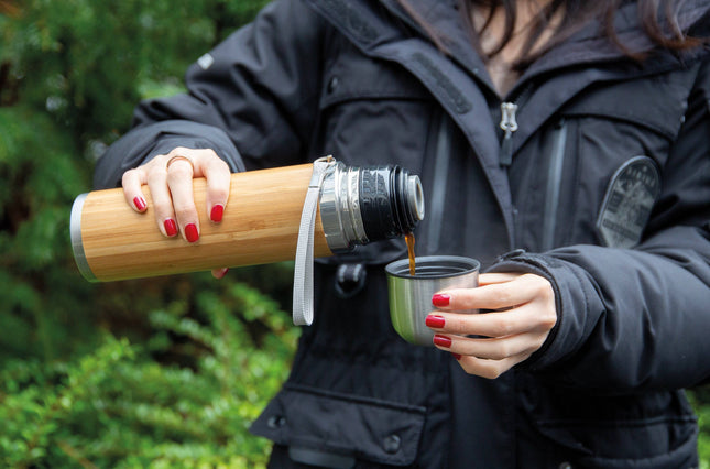 Set of 25 bamboo vacuum travel bottles, 400ml capacity, by Custom Wood Designs, featuring eco-friendly insulated design.