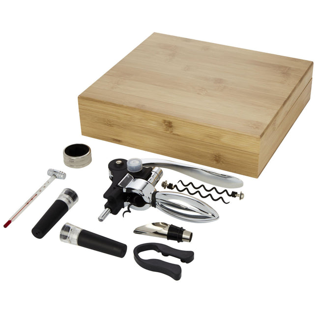 Custom Wood Designs 9-piece wine set box with 25 wine bottle storage slots, crafted from wood for elegant wine organization.